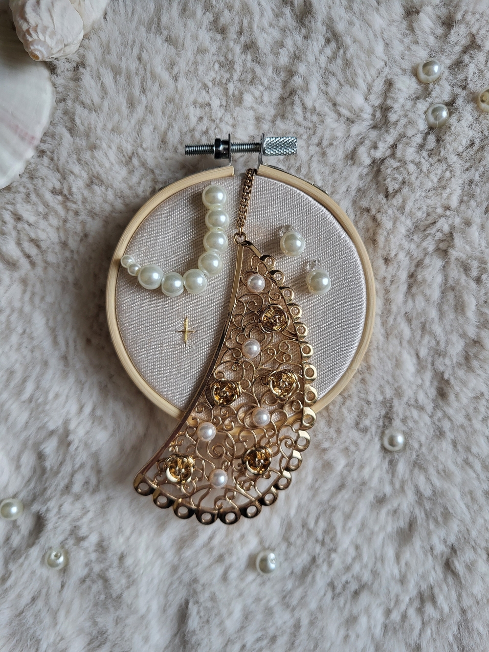 Gold Filigree Pearl Accent Crescent Art On 4in Embroidery Hoop